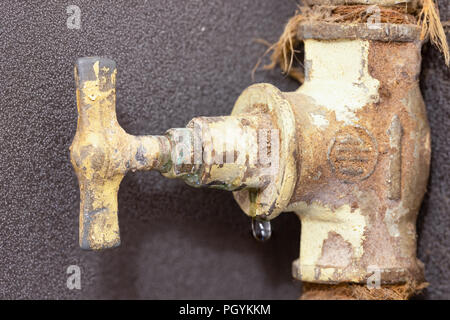 La valvola che perde, scala, pelliccia sul tubo arrugginito. La perdita. Foto Stock