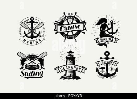 Barca a vela, crociera logo o etichetta. Concetto di marine serie di emblemi. Disegno tipografica vettore Illustrazione Vettoriale
