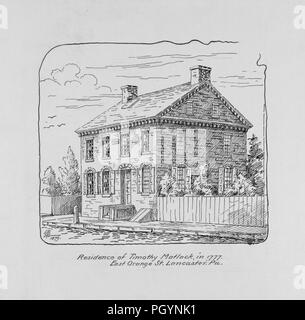 Bianco e nero stampa vintage, raffigurante un multi-story, casa di mattoni, con due camini e un tetto a capanna, alberi e un recinto sul lato e un marciapiede in primo piano, con la dizione "Residence di Timothy Matlack, nel 1777, East Orange St Lancaster, PA, ' si trova in Pennsylvania, Stati Uniti d'America, 1879. Dalla Biblioteca Pubblica di New York. () Foto Stock