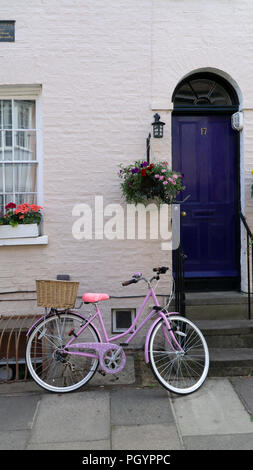 Viola moto parcheggiata fuori casa di Cambridge con cassetta per fiori e cesto pensile Foto Stock