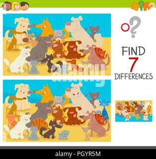 Illustrazione del fumetto di trovare 7 differenze tra le immagini del gioco educativo per bambini con cani e gatti Illustrazione Vettoriale