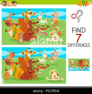 Illustrazione del fumetto di trovare 7 differenze tra le foto puzzle educativo per i bambini con i cani Illustrazione Vettoriale