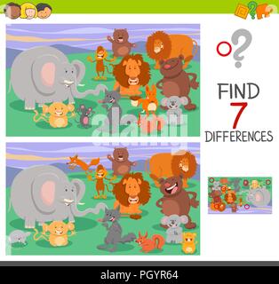 Illustrazione del fumetto di trovare 7 differenze tra le foto puzzle educativo per bambini con caratteri di origine animale Illustrazione Vettoriale