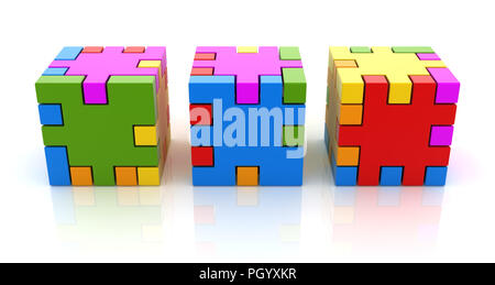 Colorati cubi Puzzle , questo è un rendering 3d generate computer immagine. Isolato su bianco. Foto Stock