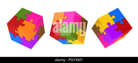 Colorati cubi Puzzle , questo è un rendering 3d generate computer immagine. Isolato su bianco. Foto Stock