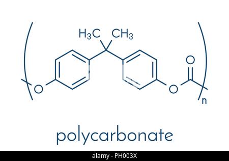 Policarbonato (PC) in plastica, struttura chimica. Realizzato da fosgene e bisfenolo A. formula scheletrico. Illustrazione Vettoriale