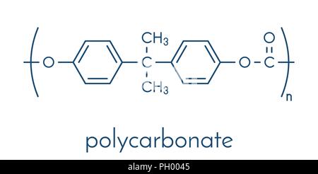 Policarbonato (PC) in plastica, struttura chimica. Realizzato da fosgene e bisfenolo A. formula scheletrico. Illustrazione Vettoriale