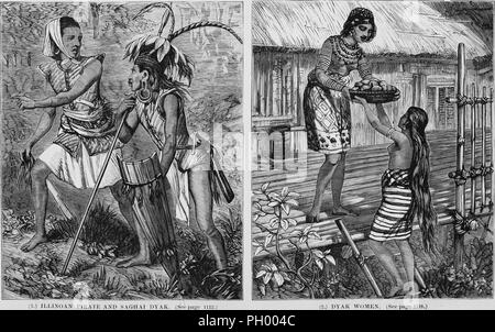 Bianco e nero Stampe vintage, in due colonne: con la dizione "Illinoan pirata e Dyak Saghai' (sinistra) raffigurante uno Dayak uomo che indossa una tunica corta e canotta, e un altro uomo Dayak indossando un giubbotto, perizoma, testiera con Piume fagiano e tenendo la lancia e lo scudo; e "yak donne" (a destra) raffigurante una donna che consegna a un vassoio di cibo ad un altro, la donna sulla scala di indossare ogni giorno il vestito e la donna sulla piattaforma garbed in un cerimoniale (bedang waistcloth) e full ornamento, situato nell isola del Borneo, pubblicato in John George legno volume dell 'l'rozzi gare di uomini in tutti i paesi di wo Foto Stock