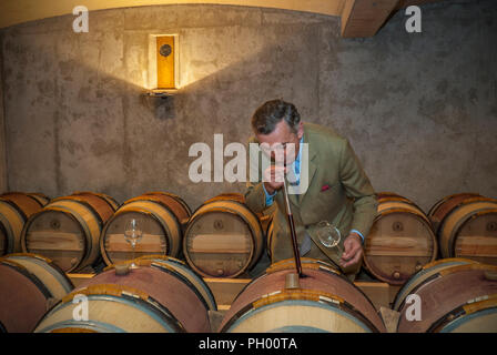 Jacques Thienpont nel suo Château Le Pin botte di vino della cantina, il disegno di una degustazione di vetro dalla canna del suo rinomato 'Chateau Le Pin' Bordeaux fine wine appellation Pomerol Francia Foto Stock