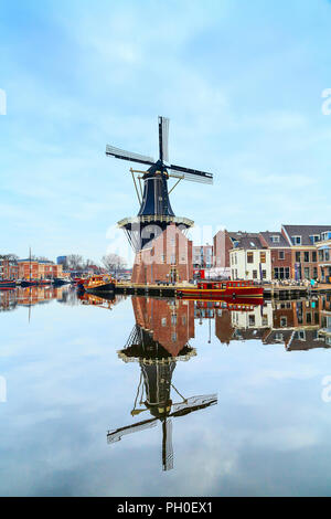 Il mulino a vento e case tradizionali riflessa nell'acqua di Haarlem, Olanda, Paesi Bassi Foto Stock