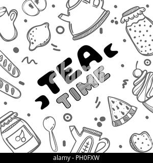 Carino disegnato a mano menu poster per cafe sul cibo sfondo con tea time preventivo. Doodle lineare illustrazione. Ora del tè. Illustrazione Vettoriale