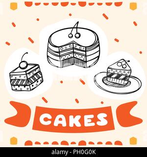 Carino disegnato a mano poster per cafe con stile sketch torte. Illustrazione del fumetto. Illustrazione Vettoriale