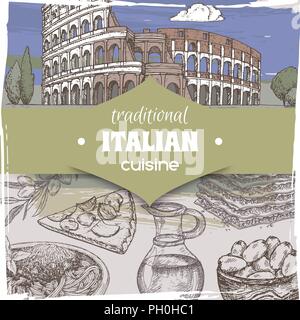 Modello Vintage con colore Roma Paesaggio e piatti della cucina italiana. Illustrazione Vettoriale