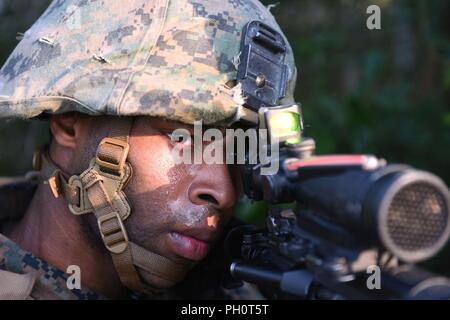 Una società F, 2° Battaglione, XXV Reggimento Marine Marine guarda attraverso il suo ambito di applicazione durante un aerodromo sequestro esercizio di Warren Grove il bombardamento di gamma, N.J., 18 giugno 2018. La società F Marines fissato l'aviosuperficie con l aiuto di Marine elicottero pesante Squadron 772 e elicottero Marine Light Attack Squadron 773 e atteso per Marine Wing Support Squadron 472 per alleviare il loro e impostare un armamento di avanzamento e punto di rifornimento. Foto Stock