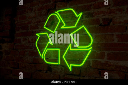 Icona di riciclo al neon di luce. Lettering elettrico e il simbolo sulla parete dello sfondo. Ecologia e segregazione dei rifiuti 3D'illustrazione. Foto Stock
