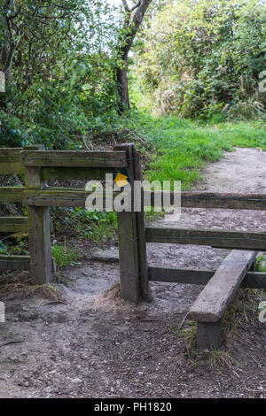 Un di legno basso livello stile sul paese un percorso per escursionisti per attraversare un confine mentre passeggiate. Stile aveva una freccia gialla segno indicante il sentiero pubblico. Foto Stock