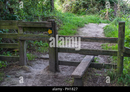 Un di legno basso livello stile sul paese un percorso per escursionisti per attraversare un confine mentre passeggiate. Stile aveva una freccia gialla segno indicante il sentiero pubblico. Foto Stock