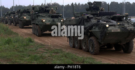 Fanti con il primo squadrone, 2° reggimento di cavalleria pattuglia in Stryker corazzati di lottare contro i veicoli durante un giunto bracci combinata live fire esercizio 26-30 Agosto a Bemowo Piskie Area Formazione, Polonia. Il CALFEX è progettato per mantenere la prontezza e la costruzione di interoperabilità tra soldati BPTA. I soldati sono su un periodo di sei mesi a rotazione l'assegnazione a sostegno della multinazionale gruppo di combattimento composta di Stati Uniti, Regno Unito, croato e soldati rumeni che servono con il polacco della XV Brigata meccanizzata come difesa e forza di dissuasione nel nord-est della Polonia a sostegno della NATO in avanti rafforzata presenza a B Foto Stock