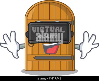 La realtà virtuale grande porta di legno con maniglia di fumetto illustrazione vettoriale Illustrazione Vettoriale
