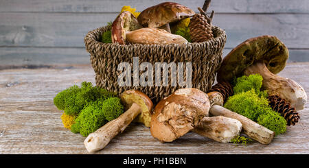 Il CEPS Boletus, in un cesto su di un legno sfondo rustico Foto Stock