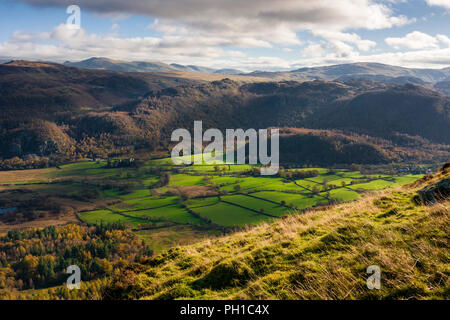 Borrowdale valley da Maiden Moor nel Parco Nazionale del Distretto dei Laghi, Cumbria, Inghilterra. Foto Stock