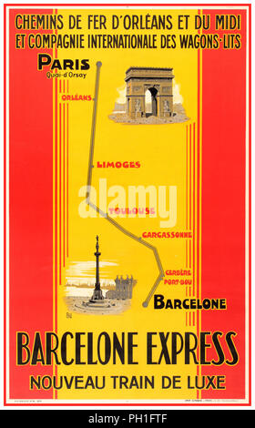 1929 Parigi Barcellona viaggi ferroviari poster vintage Barcelone esprimere il nuovo treno di lusso vagoni letto. Paris-Barcelone Express introdotto nel 1904. Compagnie internationale des wagons-lits (inglese: International Sleeping-Car Company),la Compagnie des wagons-lits, o semplicemente Wagons-lits, un hotel internazionale e società di viaggi, noto per la sua sul treno e catering sleeping car services, come pure essendo l'operatore storico dell'Orient Express. Foto Stock