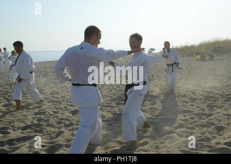 Gruppo di karateki shotokan praticare in spiaggia al sole del mattino Foto Stock