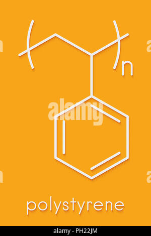 Il polistirene (PS) di plastica, struttura chimica. Usato in materiali di isolamento, giocattoli, imballaggi, contenitori per alimenti, ecc. Formula di scheletro. Foto Stock