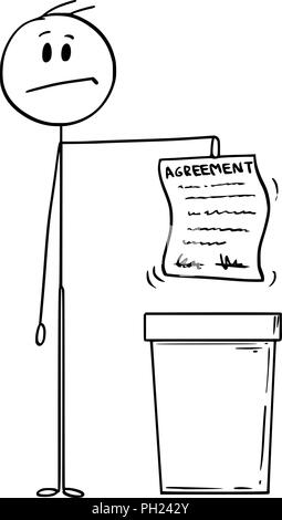 Cartoon di uomo o imprenditore gettando un accordo nel bidone dei rifiuti Illustrazione Vettoriale