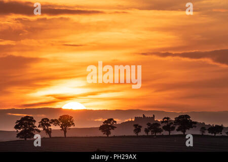 Il castello di Hume, Scottish Borders. Il 29 agosto 2018. Regno Unito Meteo: il sole tramonta dietro il castello di Hume in confini scozzesi con la fine di un giorno di fine estate calda meteo mercoledì 29 agosto Credito: David Kilpatrick/Alamy Live News Foto Stock