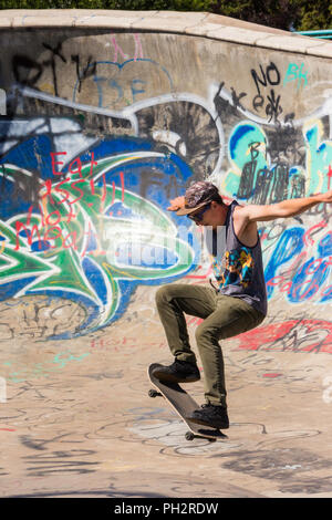 Giovane uomo lo skateboard in riva al fiume Fiume cantiere Skateboard Bowl, grande caduta, Montana, USA Foto Stock