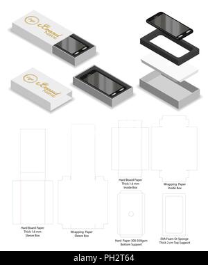 Rigida dello smartphone manicotto scorrevole box mockup dieline Illustrazione Vettoriale