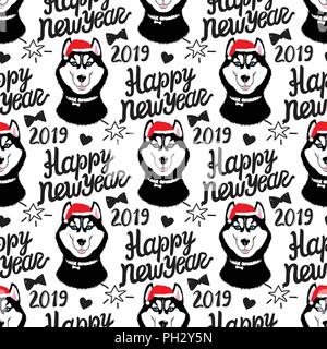 Husky nel tappo di santa. Simbolo dell'anno cane. Lettering 2019. Vector Seamless pattern per la felice anno nuovo. Illustrazione Vettoriale