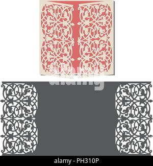 Taglio laser modello Busta per invito scheda di nozze. Il messaggio di saluto della carta carta con bordo in pizzo. Ritagliare la dima per il taglio. Illustrazione Vettoriale