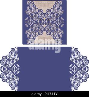 Taglio laser modello Busta per invito scheda di nozze. Il messaggio di saluto della carta carta con bordo in pizzo. Ritagliare la dima per il taglio. Illustrazione Vettoriale