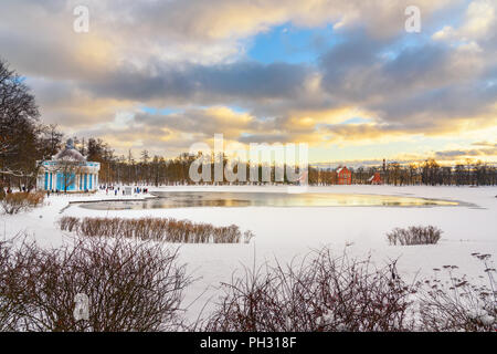 Congelati big pond e Grotta di Catherine park a Tsarskoe Selo in inverno. Pushkin town. San Pietroburgo. La Russia Foto Stock
