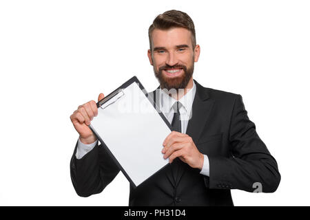 Felice professional dimostra il suo piano di business Foto Stock