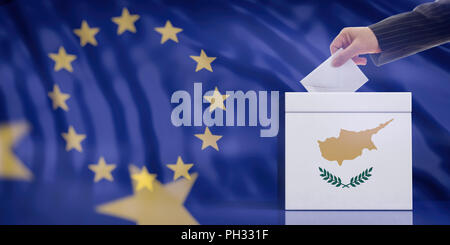 Elezioni a Cipro per il Parlamento europeo. Mano inserire una busta in una bandiera cipriota urne sulla bandiera dell'Unione europea sullo sfondo. 3d illustrazione Foto Stock