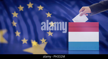 Elezioni in Lussemburgo per il Parlamento europeo. Mano inserire una busta in una bandiera Luxembourgian urne sulla bandiera dell'Unione europea sullo sfondo. 3d illustr Foto Stock