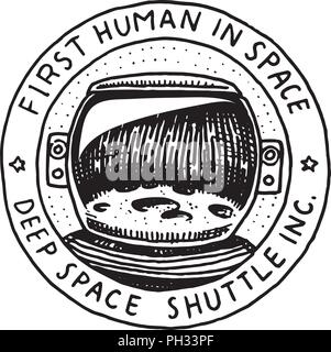 Spazio Vintage logo con l'astronauta. Esplorazione della galassia astronomico. missione spaceman. cosmonauta avventura. design per il Badge emblema T-Shirt tatuaggio adesivo. incisi mano bozzetto. Illustrazione Vettoriale