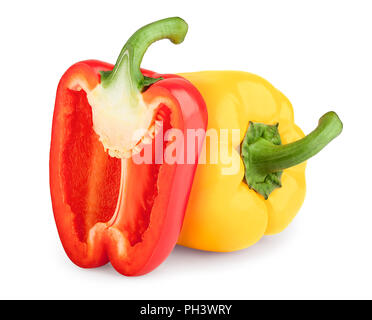 Due colorato il peperone rosso, giallo e paprica, percorso di clipping, isolato su sfondo bianco, tutta la profondità di campo Foto Stock