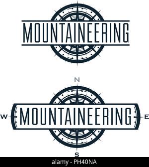 Alpinismo logo vettoriale e set di etichette. Arrampicata sportiva, emblema di escursionismo, hobby viaggiare illustrazione isolato su bianco. Illustrazione Vettoriale