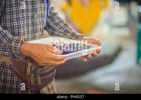 Produttore tailandese è la vendita di scorpione arrosto su strada a Bangkok il mercato notturno, Thailandia. Foto Stock