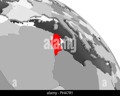 3D render della Tunisia in rosso su grigio globo politico con trasparente degli oceani. 3D'illustrazione. Foto Stock