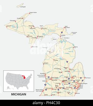 La mappa stradale di Stato americano del Michigan. Illustrazione Vettoriale