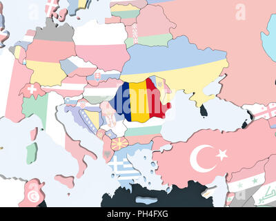 La Romania sul luminoso globo politico con embedded bandiera. 3D'illustrazione. Foto Stock