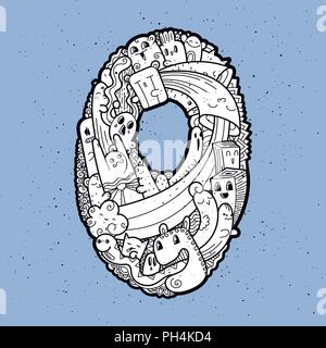 Numero Zero. Disegnata a mano doodled kids numeri. Carino monstred numeri, simboli matematici. Illustrazione Vettoriale per il web, design, decorazione, istruzione, stampe, Illustrazione Vettoriale