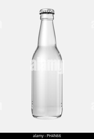 Un vetro trasparente bottiglia di birra isolato su un bianco di sfondo per studio - 3D render Foto Stock