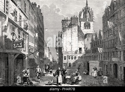 Il "cuore di Midlothian', High Street, Royal Mile di Edimburgo, in Scozia, secolo XIX Foto Stock