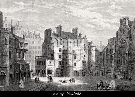 La Old Tolbooth, High Street, Royal Mile di Edimburgo, in Scozia, secolo XIX Foto Stock